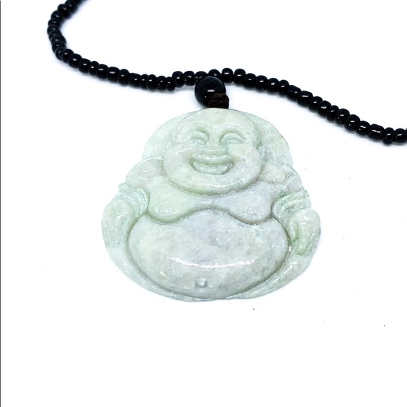 Buddha Natural Grade A Jade On Black Bead Necklace - Picture 2 of 7